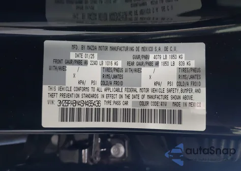 2025 Mazda Mazda3 2.5 S Select Sport z USA, uszkodzony, nr VIN 3MZBPABM4SM465436